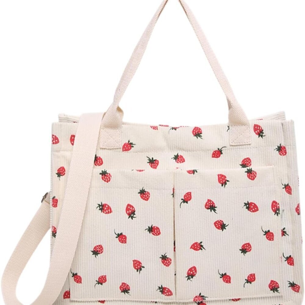 Strawberry Corduroy Tote Bag Women Pockets Adjustable Shoulder Purse